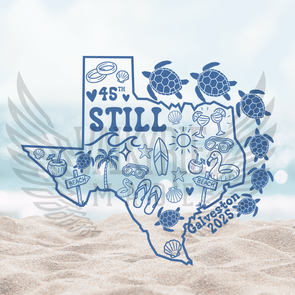 Still family 45th anniversary Galveston 2025 reunion shirt design shaped like Texas with sea turtles