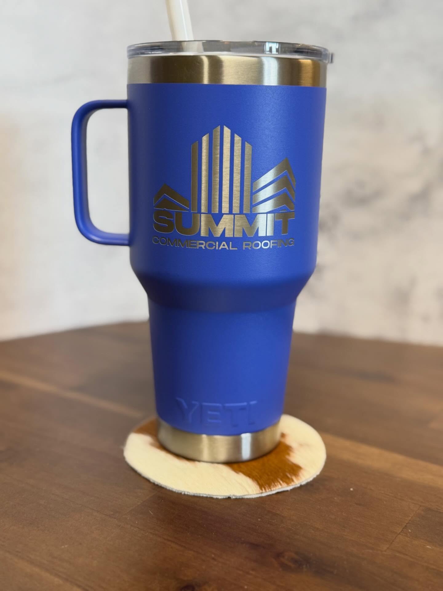 Custom laser-engraved Summit Commercial Roofing Yeti tumbler