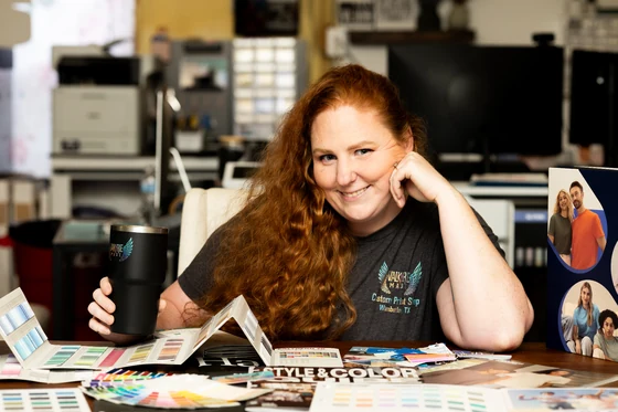 Valkyrie Made founder in the Wimberley, TX print shop