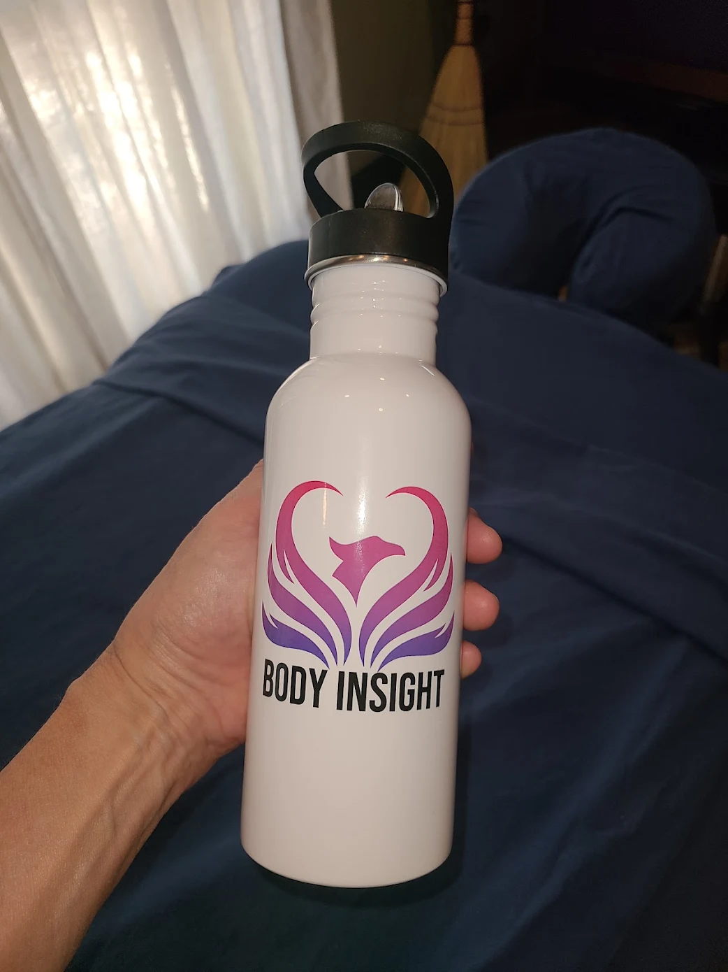 White Body Insight water bottle with a full-color printed logo