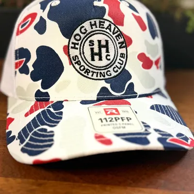 Hog Heaven Sporting Club custom embroidered camo trucker hat